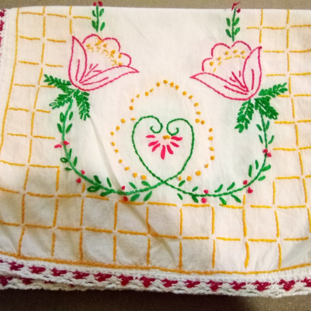 2 Vintage Embroidered Dresser Scarves/Table Runner